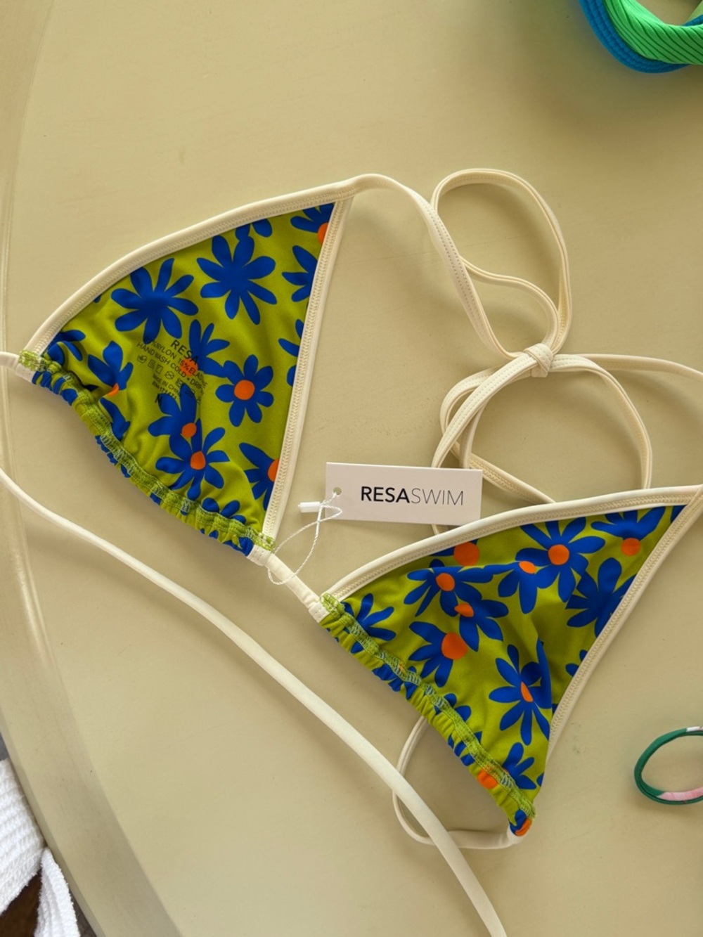 NWOT RESA Flower Triangle Bikini Top Blue Green Orange Flower Amanda Batula